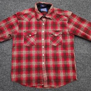 Pendleton Youth Large Red Brown Plaid Wool Heavyweight Pearl Snap Shirt Shacket